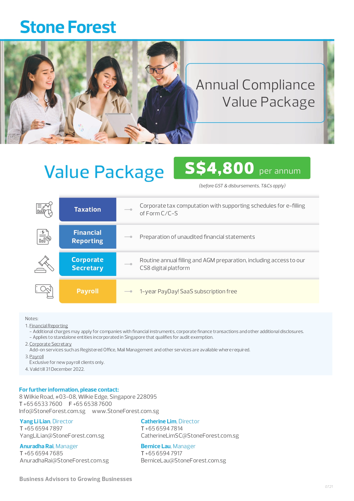Annual Compliance Package comes with taxation, financial reporting, corporate secretary and payroll services.